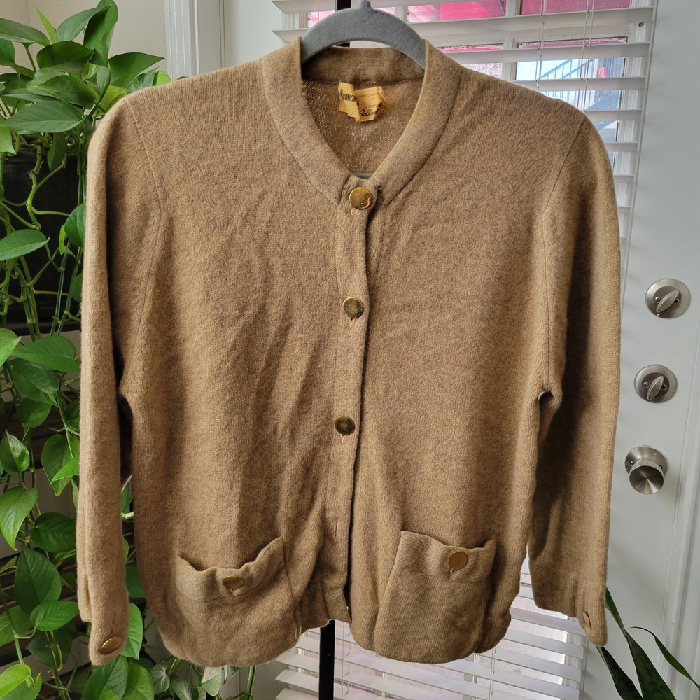 VTG 50s Neiman Marcus Ballantyne Cashmere Cardigan Sweater Tan Made in Scotland